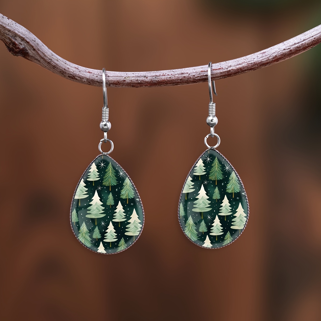 Women's Deep Green Forest Pattern Stainless Steel Water Drop Earrings